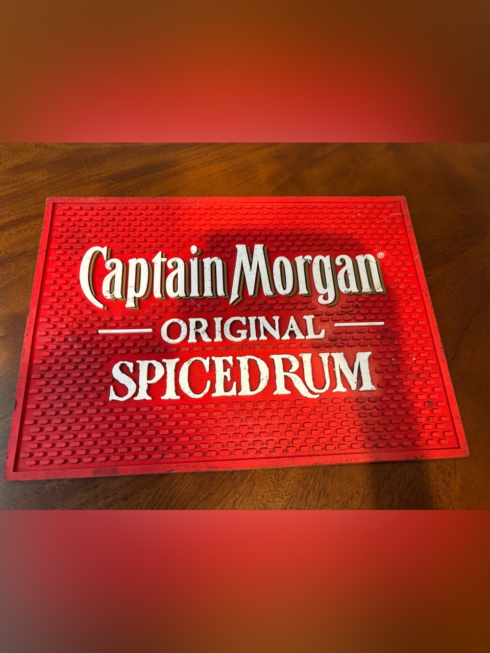 HUGE vintage Captain Morgan Spiced Rum red rubber bar mat - Man Cave! She-Shed!